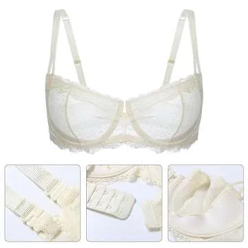 Lemorosy Women's Non-Padded Underwire Lace Balconette Unlined Demi Sheer Bra