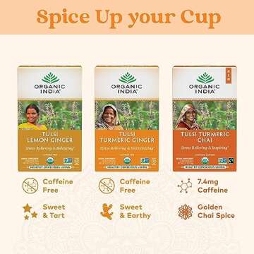 ORGANIC INDIA Tulsi Turmeric Ginger Tea Bags - Herbal Tea, Stress Relieving & Harmonizing, Immune Support, Healthy Inflammatory Response, Aids Digestion, Caffeine-Free - 18 Infusion Bags, 1 Pack