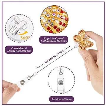 3 Pieces Butterfly Badge Reels - Rhinestone ID Holders for Nurses & More