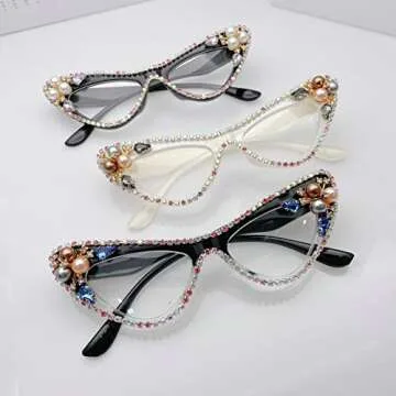Vintage Cat Eye Crystal Bling Reading Glasses Women Rhinestone Eyewear Frames Anti Blue Light Trendy Reader (white, 1.5, multiplier_x)