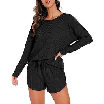 PrinStory Pajamas Set for Women Waffle Knit Lounge Set 2 Piece Outfits Loungewear Sweatsuit with Poc...