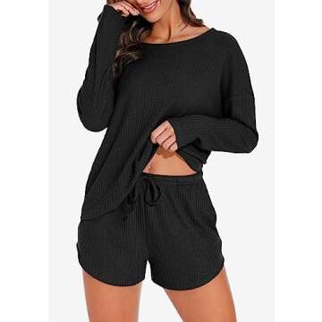 PrinStory Pajamas Set for Women Waffle Knit Lounge Set 2 Piece Outfits Loungewear Sweatsuit with Pockets Black