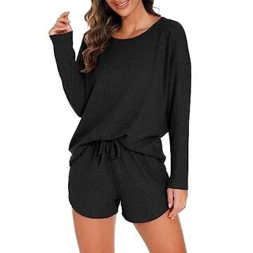 PrinStory Pajamas Set for Women Waffle Knit Lounge Set 2 Piece Outfits Loungewear Sweatsuit with Pockets Black