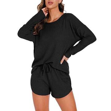 PrinStory Pajamas Set for Women Waffle Knit Lounge Set 2 Piece Outfits Loungewear Sweatsuit with Pockets Black