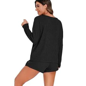 PrinStory Pajamas Set for Women Waffle Knit Lounge Set 2 Piece Outfits Loungewear Sweatsuit with Pockets Black
