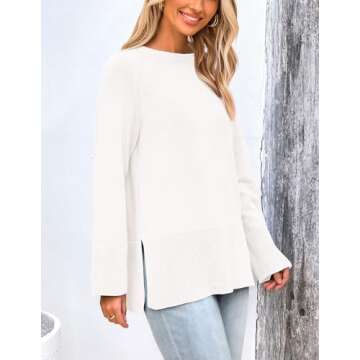PRETTYGARDEN Women's Knit Spring Sweaters Long Sleeve Pullover Crewneck Split Hem Loose Oversized Tunic Fall Sweater Top (White,Small)
