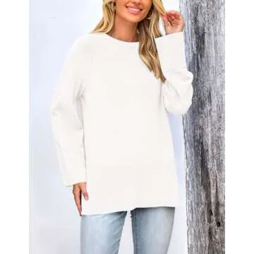 PRETTYGARDEN Women's Knit Spring Sweaters Long Sleeve Pullover Crewneck Split Hem Loose Oversized Tunic Fall Sweater Top (White,Small)