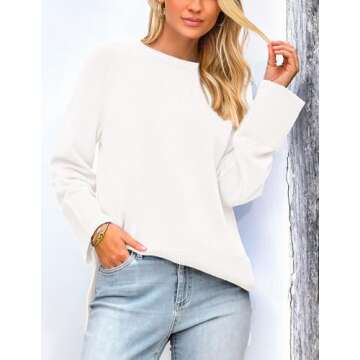 PRETTYGARDEN Women's Knit Spring Sweaters Long Sleeve Pullover Crewneck Split Hem Loose Oversized Tunic Fall Sweater Top (White,Small)