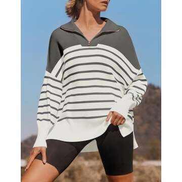 ZESICA Women's Striped Sweaters Half Zipper Long Sleeve Ribbed Knit Loose Oversized Pullover Sweater Tops,Grey,Medium