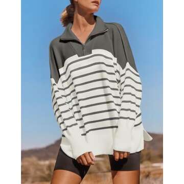 ZESICA Women's Striped Sweaters Half Zipper Long Sleeve Ribbed Knit Loose Oversized Pullover Sweater Tops,Grey,Medium