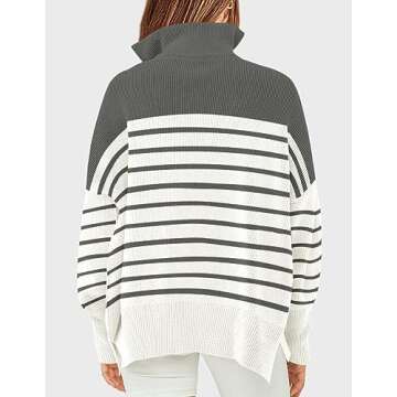 ZESICA Women's Striped Sweaters Half Zipper Long Sleeve Ribbed Knit Loose Oversized Pullover Sweater Tops,Grey,Medium