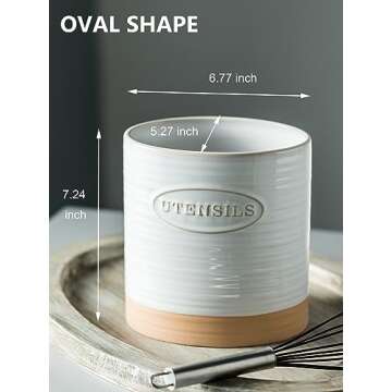 YHOSSEUN Porcelain Utensil Holder for Kitchen Countertop Large Oval Utensil Crock Two-tone Finish Rustic Utensil Caddy