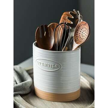 YHOSSEUN Porcelain Utensil Holder for Kitchen Countertop Large Oval Utensil Crock Two-tone Finish Rustic Utensil Caddy