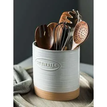 YHOSSEUN Porcelain Utensil Holder for Kitchen Countertop Large Oval Utensil Crock Two-tone Finish Rustic Utensil Caddy