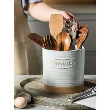 YHOSSEUN Porcelain Utensil Holder for Kitchen Countertop Large Oval Utensil Crock Two-tone Finish Rustic Utensil Caddy