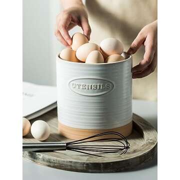 YHOSSEUN Porcelain Utensil Holder for Kitchen Countertop Large Oval Utensil Crock Two-tone Finish Rustic Utensil Caddy