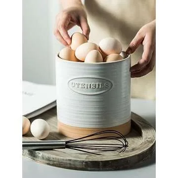 YHOSSEUN Porcelain Utensil Holder for Kitchen Countertop Large Oval Utensil Crock Two-tone Finish Rustic Utensil Caddy