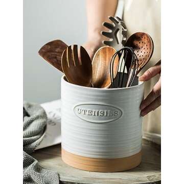 YHOSSEUN Porcelain Utensil Holder for Kitchen Countertop Large Oval Utensil Crock Two-tone Finish Rustic Utensil Caddy