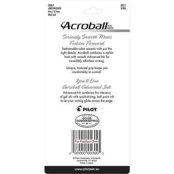 PILOT Acroball PureWhite Advanced Ink Refillable & Retractable Ball Point Pens with Turquoise/Orange/Purple/Lime/Blue Accents, Fine Point, Black Ink, 5-Pack (31861)