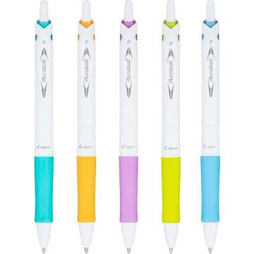 PILOT Acroball PureWhite Advanced Ink Refillable & Retractable Ball Point Pens with Turquoise/Orange/Purple/Lime/Blue Accents, Fine Point, Black Ink, 5-Pack (31861)