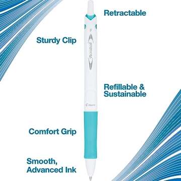 PILOT Acroball PureWhite Advanced Ink Refillable & Retractable Ball Point Pens with Turquoise/Orange/Purple/Lime/Blue Accents, Fine Point, Black Ink, 5-Pack (31861)