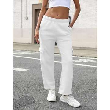 QIBABU Womens Fleece Cargo Sweatpants Casual Baggy Wide Leg Jogger Pants Athletic Open Bottom with Pockets(1777-White-S-QB)