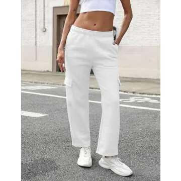 QIBABU Womens Fleece Cargo Sweatpants Casual Baggy Wide Leg Jogger Pants Athletic Open Bottom with Pockets(1777-White-S-QB)