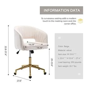 Qtivii Velvet Home Office Chair, Modern Office Chair with Gold Base, Home Office Desk Chair for Living Room, Bedroom, Vanity, Study (Beige)