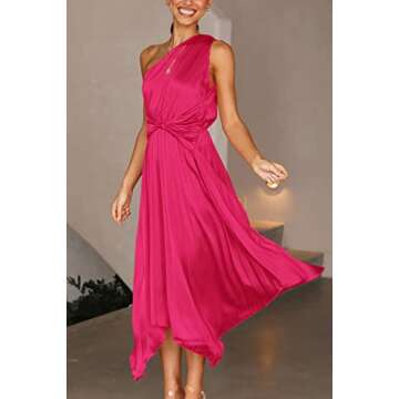 PRETTYGARDEN Women's Summer Long Satin Dress One Shoulder Sleeveless Ruched Twist Flowy Maxi Dresses (Rose Red,Small)