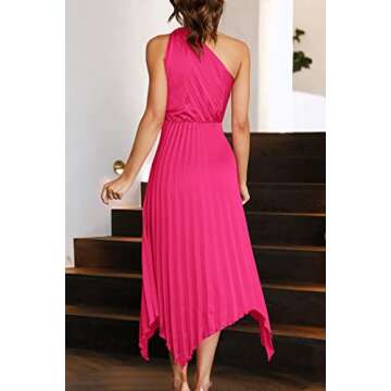 PRETTYGARDEN Women's Summer Long Satin Dress One Shoulder Sleeveless Ruched Twist Flowy Maxi Dresses (Rose Red,Small)