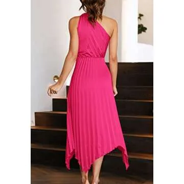 PRETTYGARDEN Women's Summer Long Satin Dress One Shoulder Sleeveless Ruched Twist Flowy Maxi Dresses (Rose Red,Small)