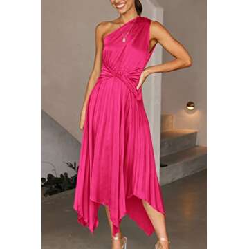 PRETTYGARDEN Women's Summer Long Satin Dress One Shoulder Sleeveless Ruched Twist Flowy Maxi Dresses (Rose Red,Small)