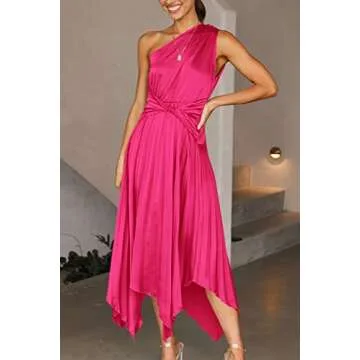 PRETTYGARDEN Women's Summer Long Satin Dress One Shoulder Sleeveless Ruched Twist Flowy Maxi Dresses (Rose Red,Small)