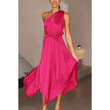 PRETTYGARDEN Women's Summer Long Satin Dress One Shoulder Sleeveless Ruched Twist Flowy Maxi Dresses (Rose Red,Small)