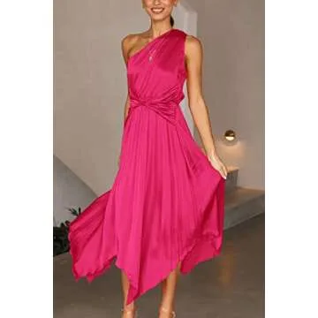 PRETTYGARDEN Women's Summer Long Satin Dress One Shoulder Sleeveless Ruched Twist Flowy Maxi Dresses (Rose Red,Small)