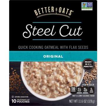 Better Oats Original Steel Cut Oatmeal with Flax Seeds - Quick Breakfast Packets, 10 Count