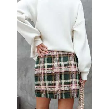 HERBATOMIA Women's Plaid Mini Skirt Green Vintage High Waist Above Knee Length Pencil Bodycon Short Winter Skirts for Women