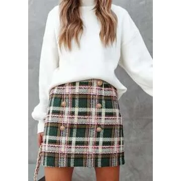 HERBATOMIA Women's Plaid Mini Skirt Green Vintage High Waist Above Knee Length Pencil Bodycon Short Winter Skirts for Women