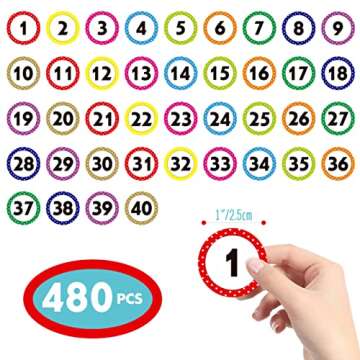 480 PCS Polka Dot 1-40 Numbers Stickers for Office, Classroom, Organizing (Each Measures 1" in Diameter)