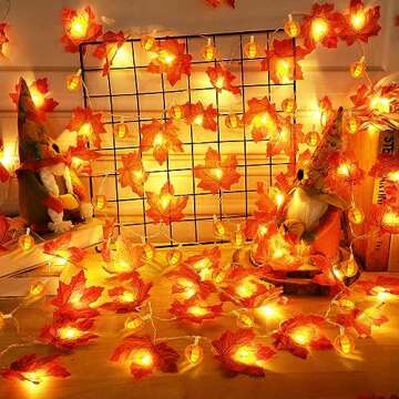 2 Pack Fall Pumpkin Garland Lights Thanksgiving Decorations for Home 60 LED 20 Ft Enlarged Maple Lea...