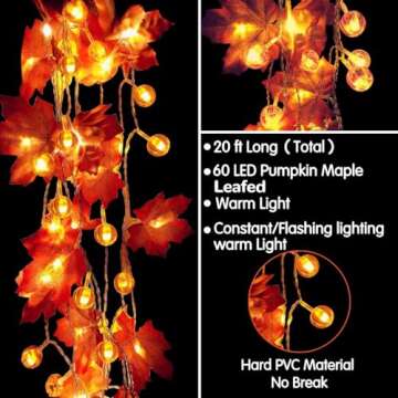 2 Pack Fall Pumpkin Garland Lights Thanksgiving Decorations for Home 60 LED 20 Ft Enlarged Maple Leafed String Light Pumpkins Lights Waterproof Battery Operated Thanksgiving Fall Autumn Indoor Outdoor