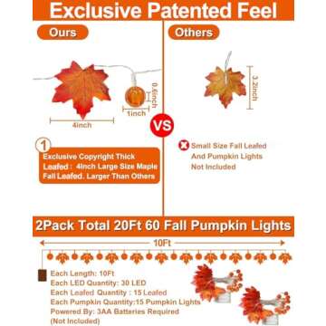2 Pack Fall Pumpkin Garland Lights Thanksgiving Decorations for Home 60 LED 20 Ft Enlarged Maple Leafed String Light Pumpkins Lights Waterproof Battery Operated Thanksgiving Fall Autumn Indoor Outdoor