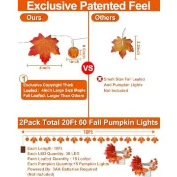 2 Pack Fall Pumpkin Garland Lights Thanksgiving Decorations for Home 60 LED 20 Ft Enlarged Maple Leafed String Light Pumpkins Lights Waterproof Battery Operated Thanksgiving Fall Autumn Indoor Outdoor