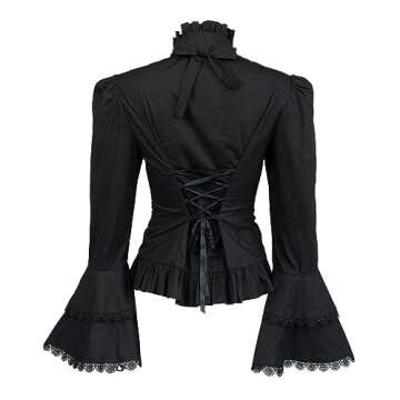 Mingyuezai Victorian Blouse Womens Gothic Pirate Shirt Vintage Long Sleeve Lotus Ruffle Tops (M, 010 Black)