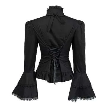 Mingyuezai Victorian Blouse Womens Gothic Pirate Shirt Vintage Long Sleeve Lotus Ruffle Tops (M, 010 Black)