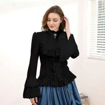 Mingyuezai Victorian Blouse Womens Gothic Pirate Shirt Vintage Long Sleeve Lotus Ruffle Tops (M, 010 Black)