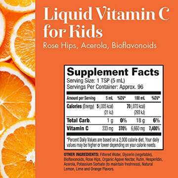 Dynamic Health Liquid Vitamin C for Kids 333 mg with Rose HIPS, Acerola & Bioflavonoids | Approx. 96 Servings, 16 FL OZ