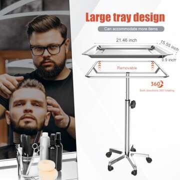 ChoJiah Extra Large Mayo Stand Rolling Salon Tray Hairstylist Tray Heavy Duty Tattoo Tray, Ideal Use for for Hair Salon Dental Hairstylist Cart