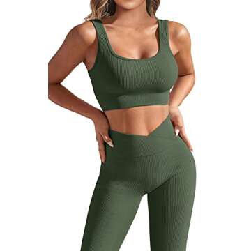 JZC Ribbed Workout Outfits for Women 2 Piece Seamless Sport Bra Cross Workout Leggings Dark Green Small