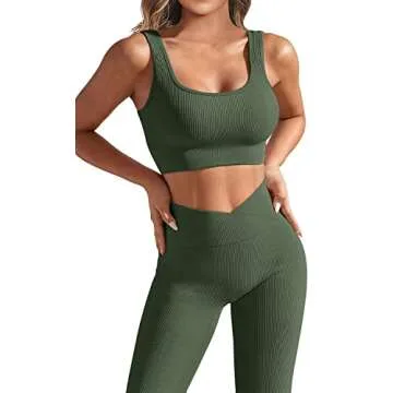JZC Ribbed Workout Outfits for Women 2 Piece Seamless Sport Bra Cross Workout Leggings Dark Green Small